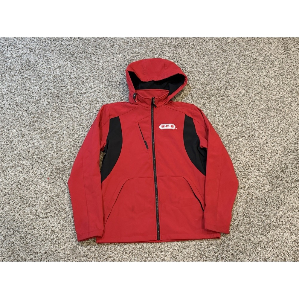 HEB Texas Employee Red Black Soft Shell Hooded Jacket Mens Large Texas